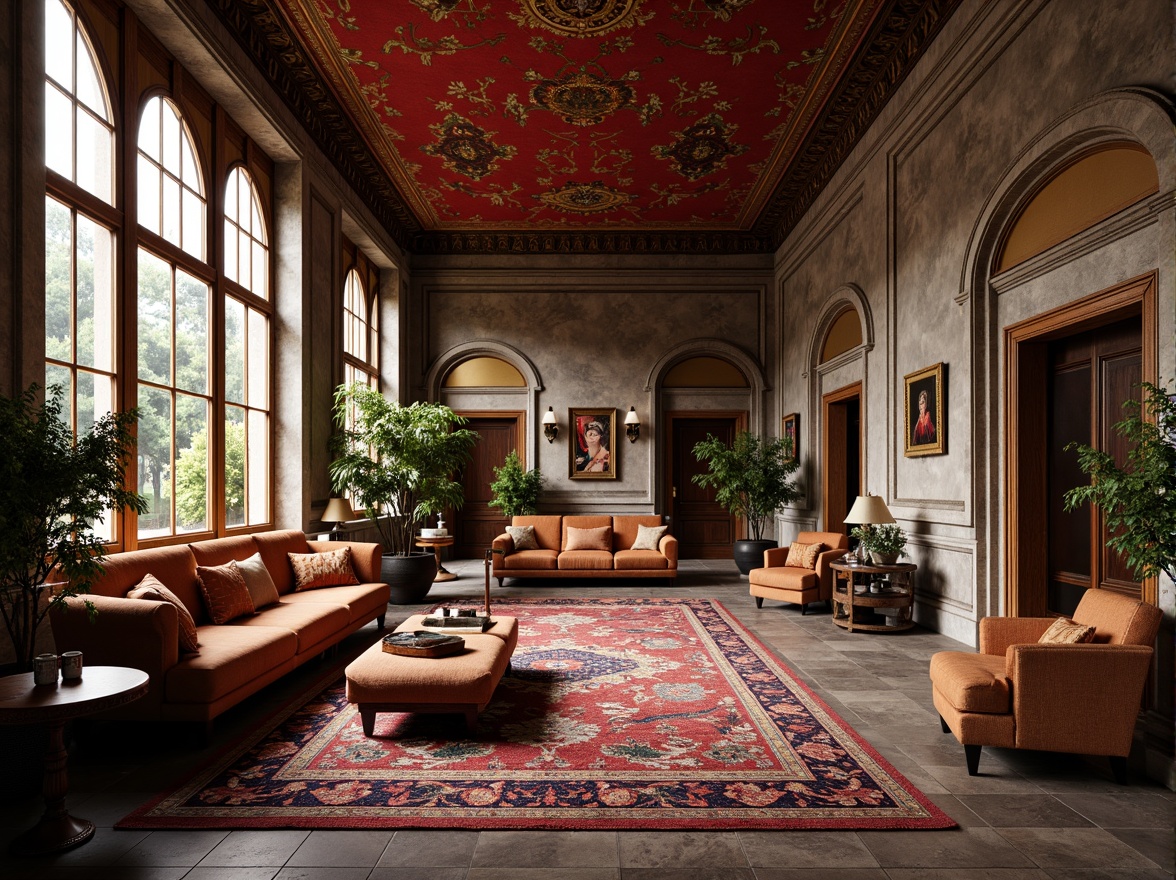 Prompt: Rich velvet fabrics, luxurious golden accents, sleek metallic surfaces, rough-hewn stone walls, smooth glass windows, distressed wooden panels, vibrant colorful tapestries, intricate patterned rugs, ornate antique furniture, soft warm lighting, dramatic shadows, high-contrast color scheme, opulent decorative elements, lavish ornamentation, Baroque-inspired architecture, grandiose interior spaces.