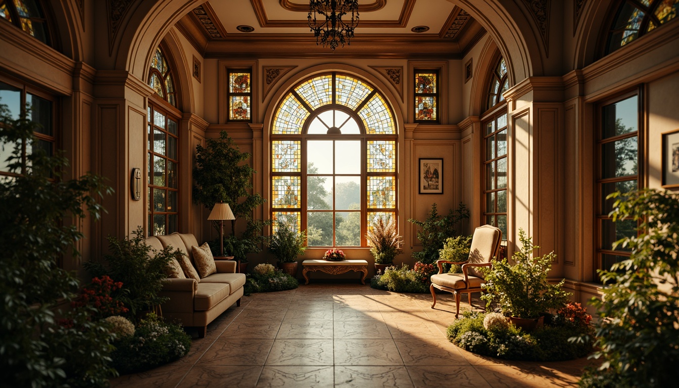 Prompt: Intricate ornate details, flowing organic lines, sinuous curves, botanical motifs, luxurious materials, iridescent glass, stained glass windows, beveled edges, textured surfaces, shimmering effects, warm golden lighting, soft focus, atmospheric perspective, 1/2 composition, romantic ambiance, vintage elegance, refined sophistication.