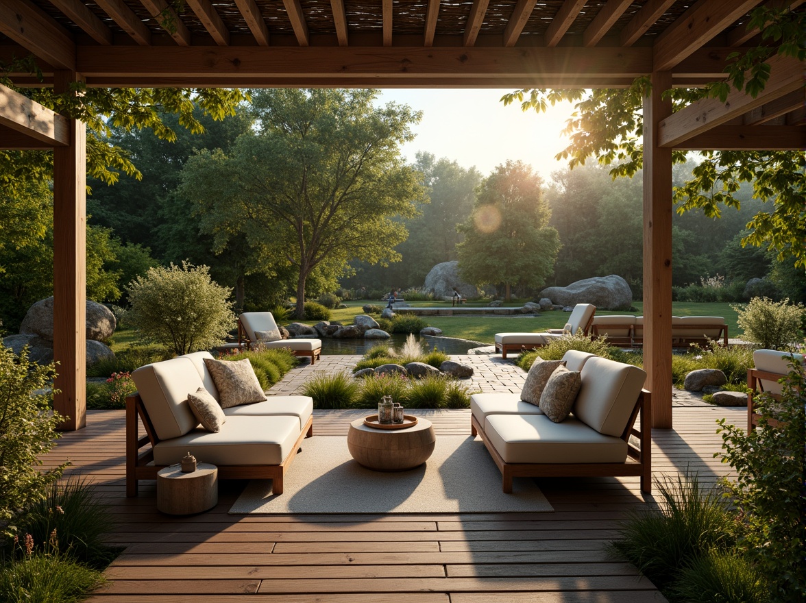 Prompt: Cozy patio furniture, lush greenery, vibrant flowers, soft grass, serene water features, tranquil koi ponds, natural stone pathways, wooden decks, shaded canopies, warm lantern lighting, comfortable cushions, plush throw pillows, soothing color palette, calming ambient sounds, gentle breezes, scenic views, 1/2 composition, soft focus blur, warm golden hour lighting.