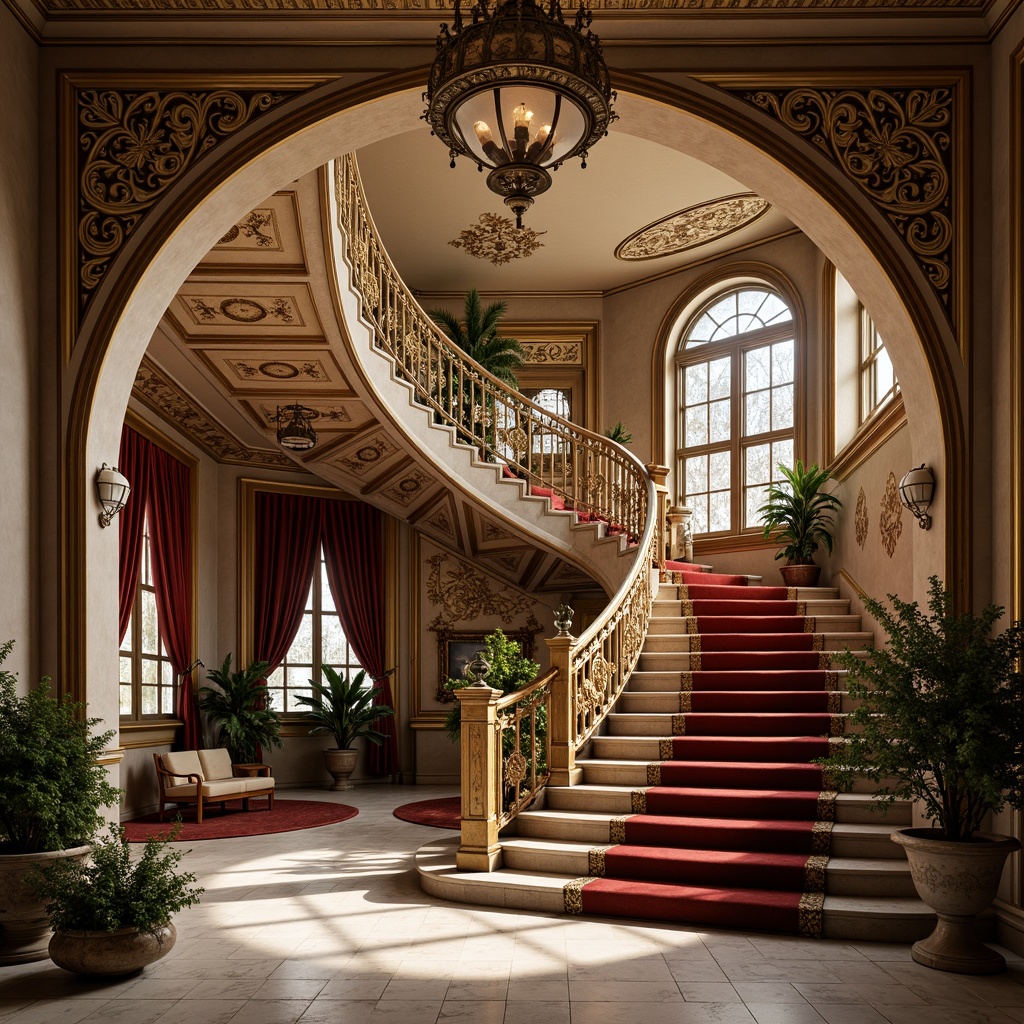 Prompt: Intricate ornate details, curved sinuous lines, flowing organic forms, luxurious materials, polished marble floors, ornamental metalwork, stained glass windows, grand sweeping staircases, lavish chandeliers, rich velvet drapes, opulent furnishings, cinematic lighting, warm golden tones, soft focus, shallow depth of field, 2/3 composition, symmetrical framing, highly detailed textures, ambient occlusion.