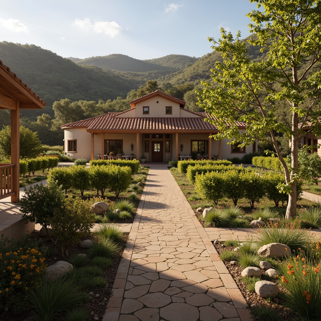 Prompt: Rustic winery, lush vineyards, rolling hills, earthy tones, weathered wood accents, natural stone walls, curved lines, Mediterranean-inspired architecture, warm terracotta roofing, soft golden lighting, shallow depth of field, 2/3 composition, serene atmosphere, realistic textures, ambient occlusion, vibrant greenery, blooming flowers, sunny day.