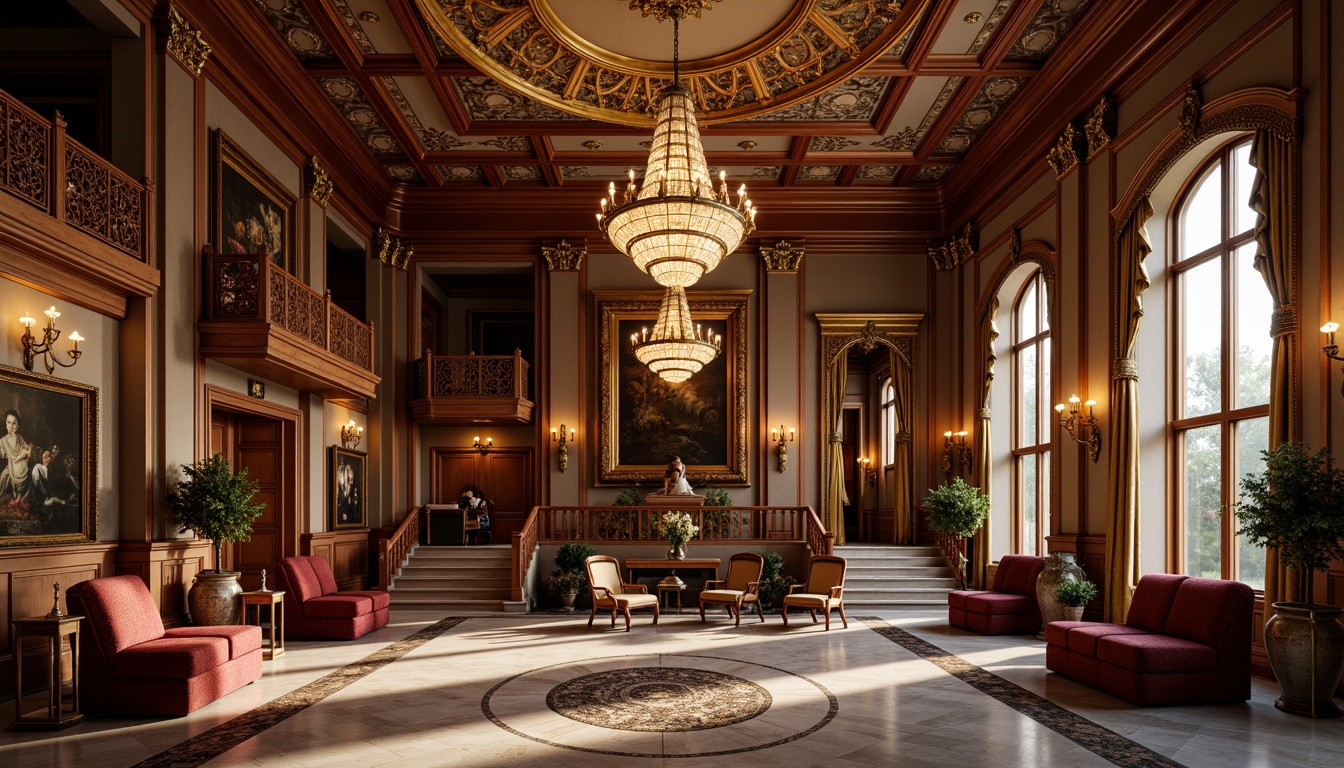 Prompt: Grandiose school interior, ornate chandeliers, intricately carved wooden furnishings, rich velvet fabrics, golden accents, high ceilings, sweeping staircases, marble floors, ornamental mirrors, lavish drapery, stately columns, dramatic lighting, warm color palette, symmetrical composition, 1/1 aspect ratio, shallow depth of field, realistic textures, ambient occlusion.