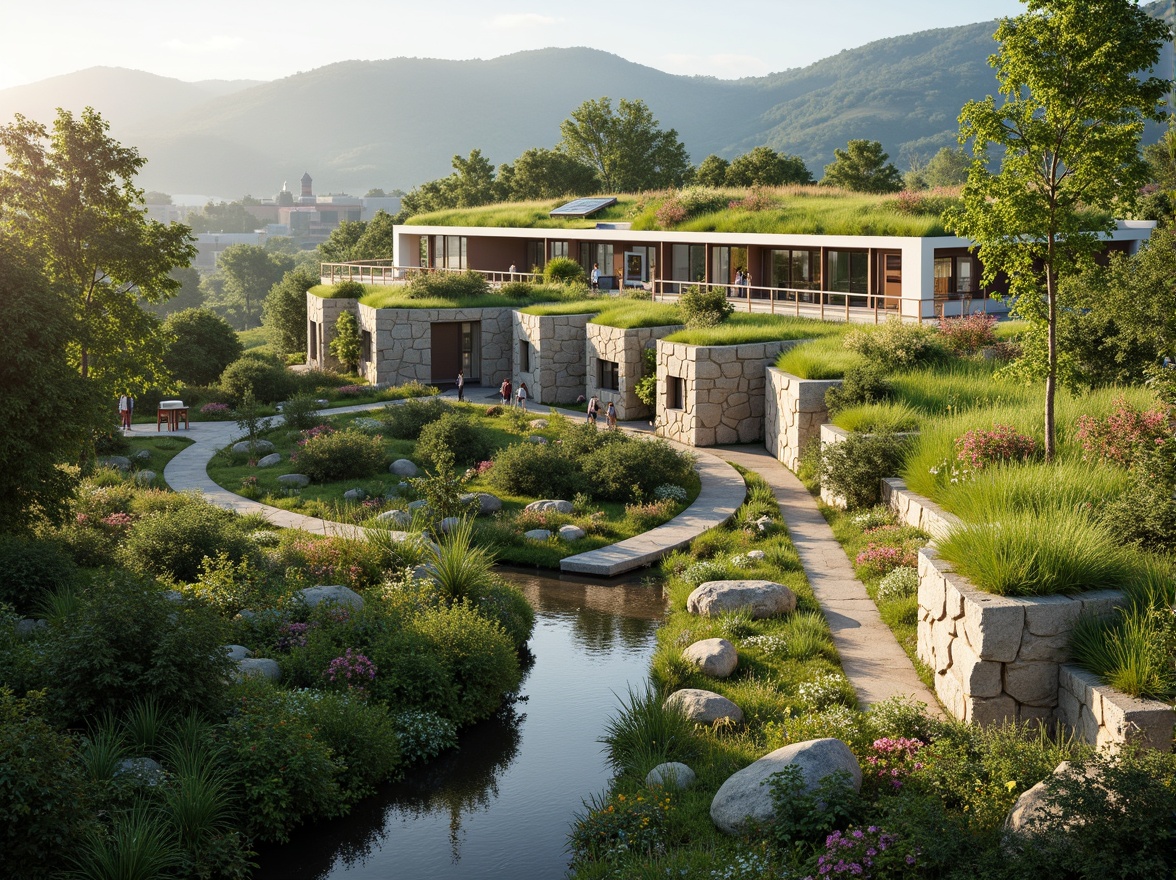 Prompt: Vibrant green roofs, lush vegetation, natural habitats, eco-friendly materials, sustainable energy systems, solar panels, wind turbines, water conservation, rainwater harvesting, greywater reuse, organic gardens, botanical species, butterfly habitats, bird sanctuaries, serene water features, gentle streams, misting systems, soft warm lighting, shallow depth of field, 3/4 composition, panoramic view, realistic textures, ambient occlusion, futuristic theater architecture, curved lines, dynamic shapes, avant-garde design, modern materials, transparent glass fa\u00e7ades, minimalist interior design.