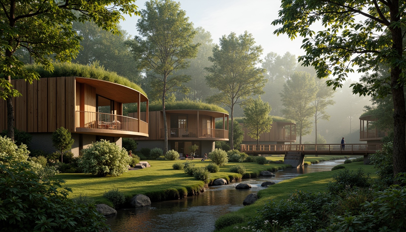 Prompt: Seamless forest integration, organic architecture, curved wooden structures, lush green roofs, natural stone walls, earthy tones, moss-covered facades, floor-to-ceiling windows, panoramic forest views, dappled lighting, rustic wooden bridges, meandering walking paths, native plant species, babbling brook sounds, misty morning atmosphere, soft warm light, shallow depth of field, 2/3 composition, cinematic view, realistic foliage textures, ambient occlusion.