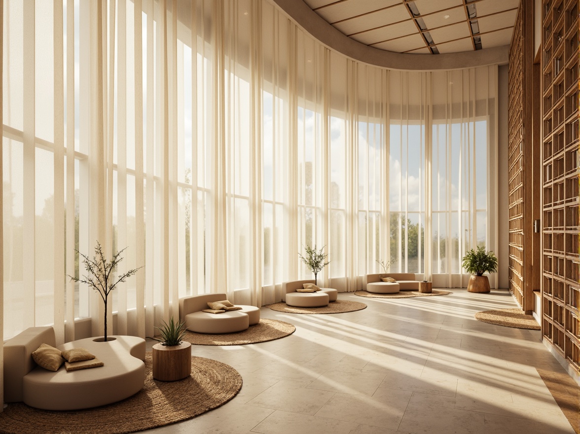 Prompt: Ethereal atmosphere, soft diffused light, translucent walls, misty glass partitions, delicate curtain draping, warm beige tones, natural textiles, minimalist decor, subtle reflections, ambient glow, 1/1 composition, shallow depth of field, realistic rendering, intricate lattice patterns, futuristic materials, sustainable design elements.