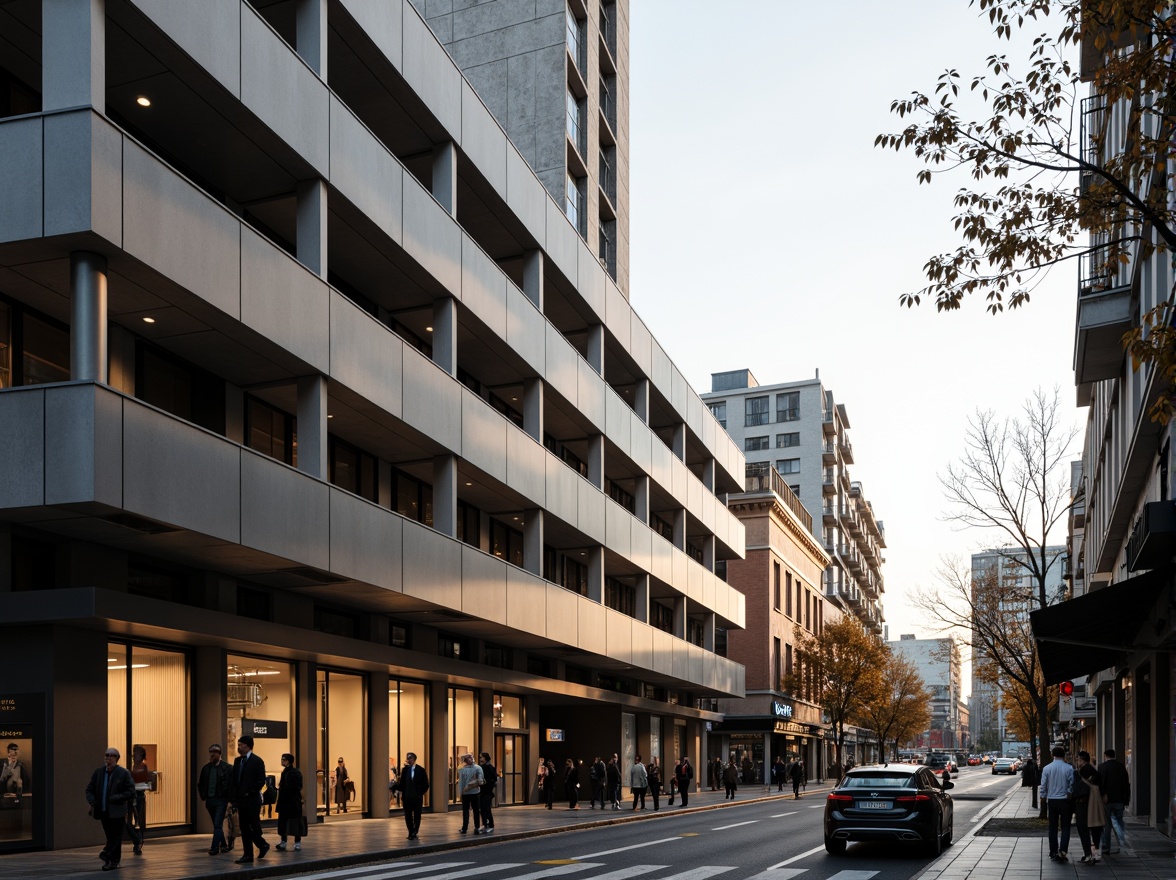 Prompt: Streamlined modernist building facade, large rectangular windows, horizontal emphasis, minimalist frames, sleek metal cladding, flat roofs, urban cityscape, busy street scene, morning sunlight, soft warm lighting, shallow depth of field, 3/4 composition, panoramic view, realistic reflections, ambient occlusion.