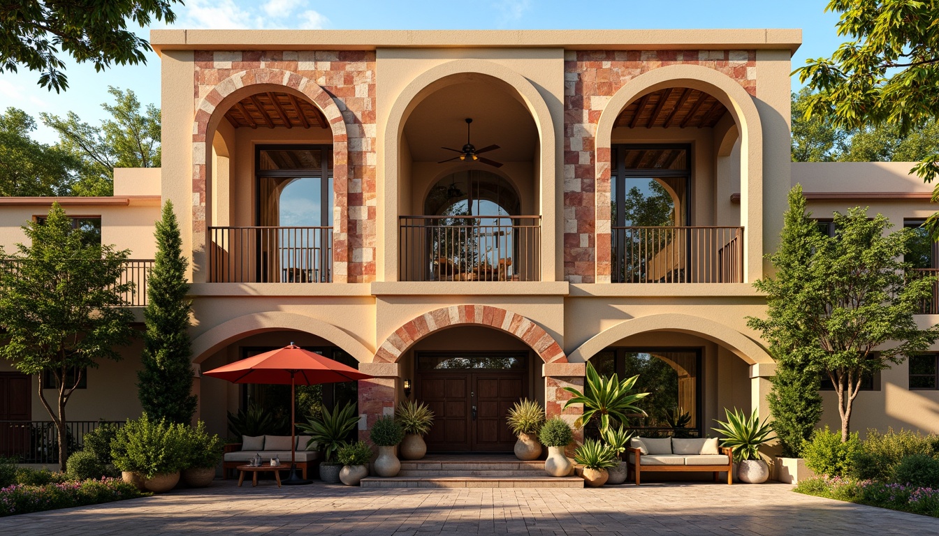 Prompt: Regionalism-style hotel facade, earthy tones, natural stone cladding, wooden accents, curved lines, ornate balconies, rustic metalwork, vibrant local patterns, colorful ceramic tiles, lush greenery, tropical plants, warm sunny day, soft golden lighting, shallow depth of field, 3/4 composition, panoramic view, realistic textures, ambient occlusion.Please let me know if this meets your requirements!