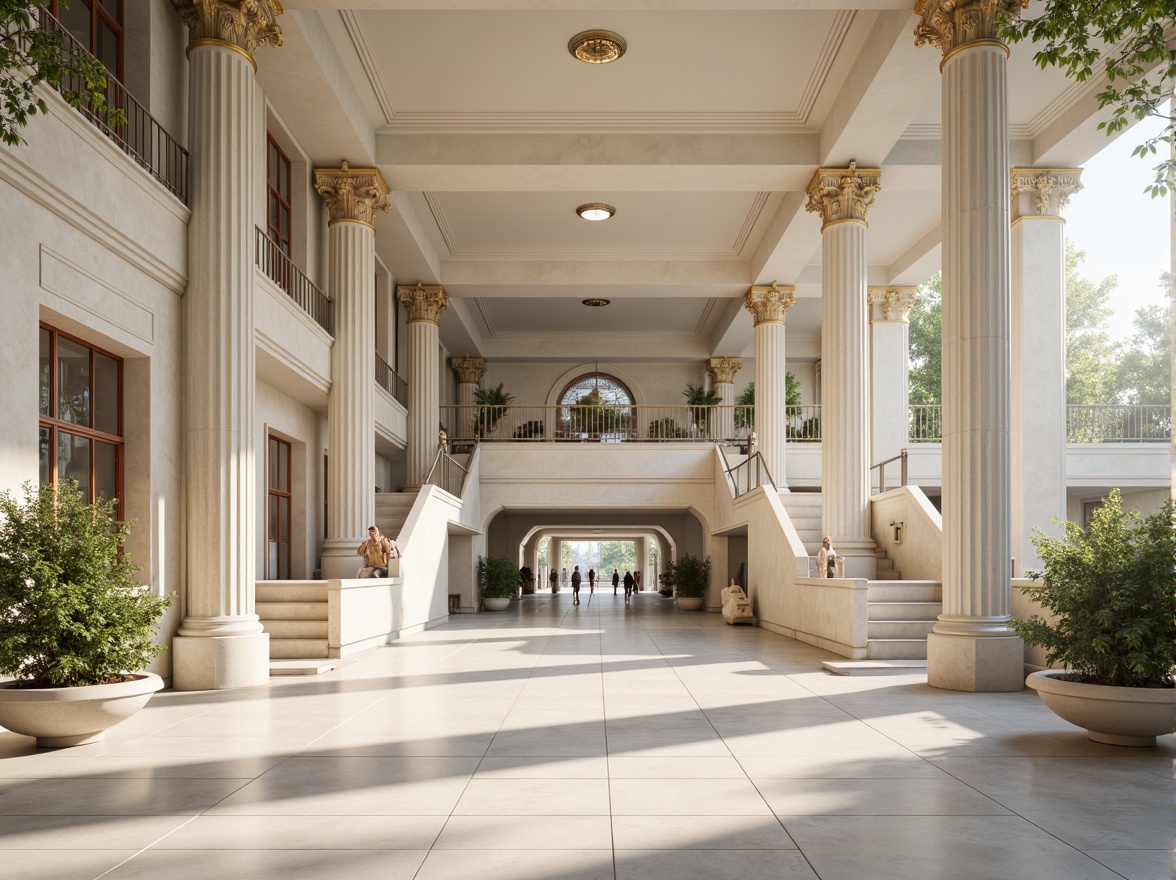 Prompt: Elegant high school building, neoclassical columns, ornate capitals, grand entrance, sweeping staircases, marble floors, limestone walls, symmetrical facade, Corinthian pilasters, arched windows, decorative moldings, subtle cornices, creamy white stone, soft natural light, shallow depth of field, 1/1 composition, realistic textures, ambient occlusion.