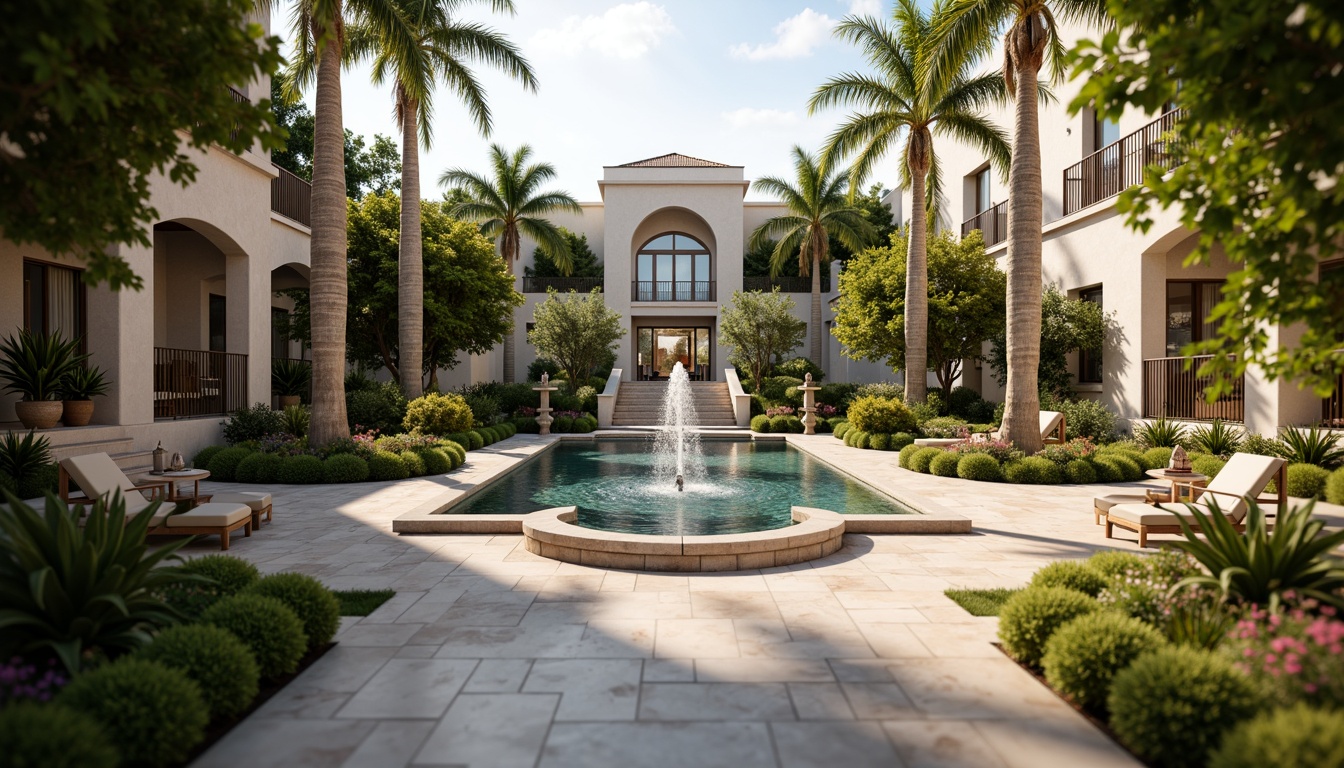 Prompt: Luxurious villa surroundings, ornate fountains, lush greenery, blooming flowers, majestic palm trees, travertine stone walkways, classicism-inspired pool design, symmetrical arches, grand staircases, elegant lanterns, warm golden lighting, soft focus blur, shallow depth of field, 1/2 composition, serene atmosphere, realistic water reflections, subtle ripples.