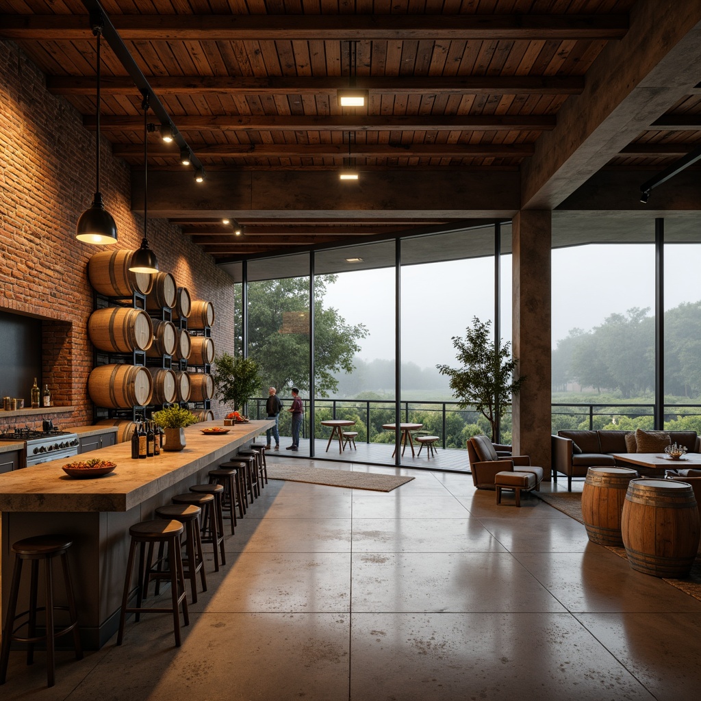 Prompt: Industrial chic winery interior, rustic wooden barrels, dimmable warm lighting, exposed brick walls, polished concrete floors, minimalist decor, sleek metal accents, reclaimed wood furniture, earthy color palette, natural stone countertops, modern wine cellar, floor-to-ceiling glass windows, panoramic vineyard views, 1/1 composition, soft focus, atmospheric mist, realistic reflections.