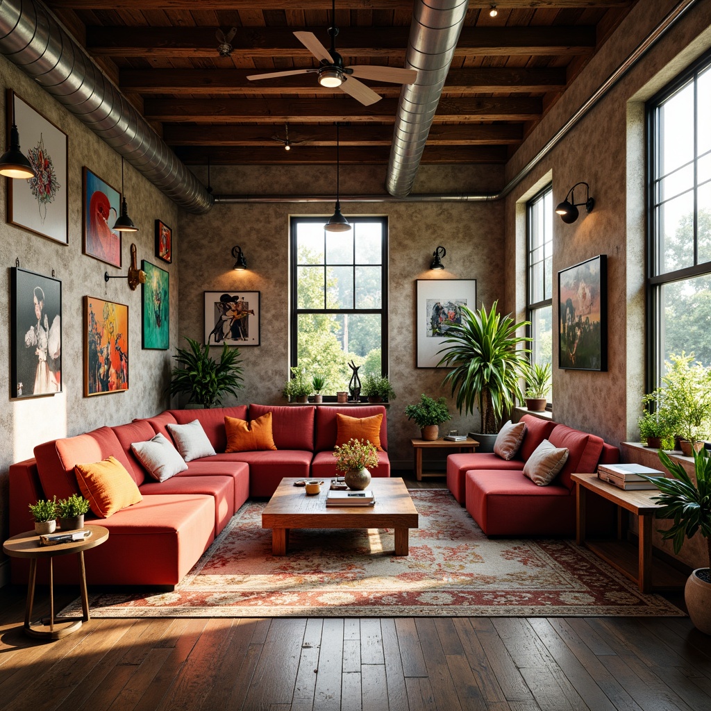 Prompt: Vibrant artistic studio, eclectic furniture arrangement, bold color blocking, contrasting textures, abstract artwork displays, modern lighting fixtures, industrial metal accents, reclaimed wood flooring, cozy reading nooks, oversized windows, natural light pouring in, warm afternoon ambiance, soft focus effect, 1/2 composition, warm color grading, filmic tones, stylized shadows.