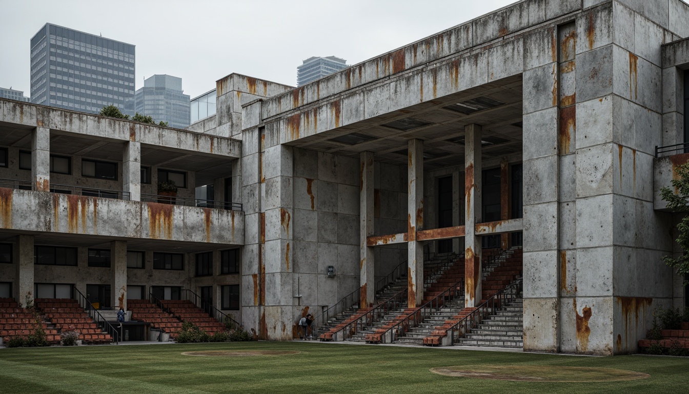 Prompt: Rugged soccer stadium, brutalist architecture, raw concrete walls, exposed ductwork, industrial metal beams, bold geometric shapes, distressed stone fa\u00e7ade, rusty steel accents, weathered wooden benches, urban cityscape, overcast sky, dramatic shadows, high-contrast lighting, shallow depth of field, 2/3 composition, cinematic view, realistic textures, ambient occlusion.