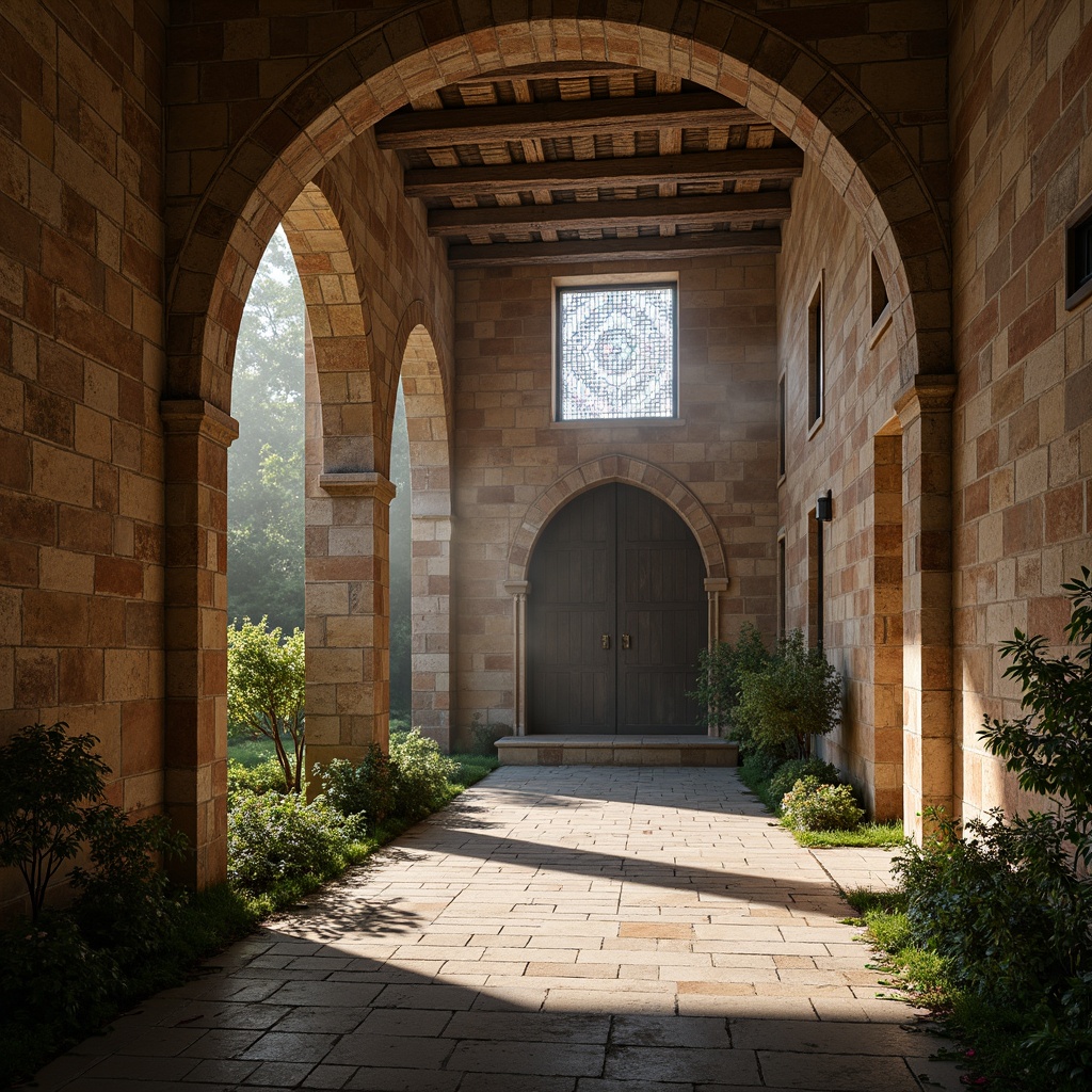 Prompt: Ancient monastery, rustic stone walls, earthy tone colors, weathered wooden doors, ornate ironwork, stained glass windows, vaulted ceilings, grand archways, serene courtyards, lush greenery, soft warm lighting, misty atmosphere, subtle color gradations, natural texture rendering, 1/1 composition, symmetrical framing, realistic ambient occlusion.