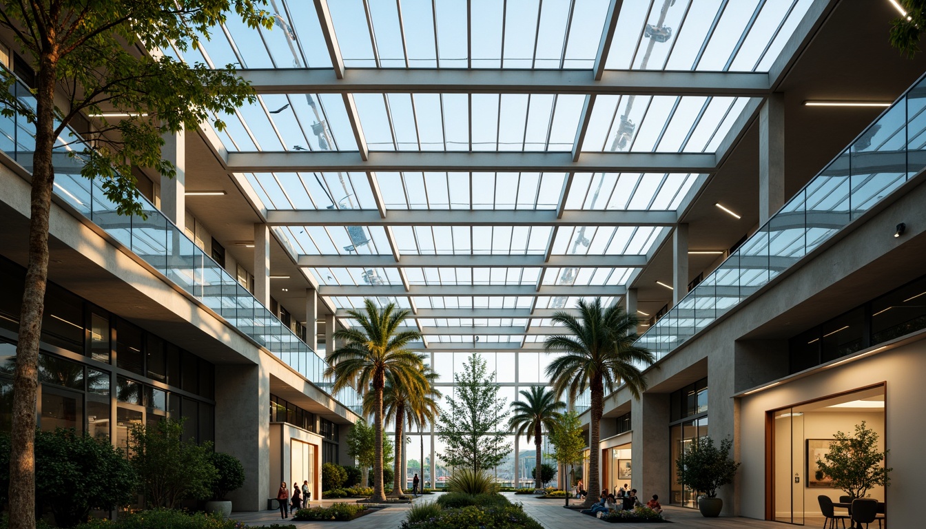 Prompt: Natural light-filled atrium, transparent glass roof, minimalist steel frames, sleek modern architecture, energy-efficient LED lighting, soft warm glow, indirect sunlight, clerestory windows, open floor plans, reflective interior surfaces, subtle color palette, ambient occlusion, shallow depth of field, 3/4 composition, panoramic view, realistic textures.