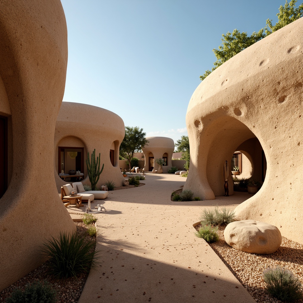 Prompt: Earthen structures, organic shapes, natural materials, rammed earth walls, sustainable design, eco-friendly buildings, green roofs, living walls, bioluminescent lighting, soft earthy tones, curved lines, minimalist decor, ambient warm lighting, shallow depth of field, 3/4 composition, panoramic view, realistic textures, ambient occlusion, desert landscape, cactus plants, hot sunny day, clear blue sky.