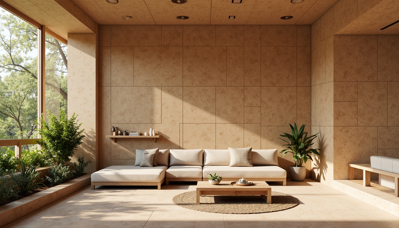 Prompt: Natural cork walls, minimalist decor, earthy tone color palette, organic textures, simple shapes, clean lines, eco-friendly materials, sustainable design, warm ambient lighting, soft shadows, shallow depth of field, 1/1 composition, realistic rendering, subtle patterns, natural beauty emphasis.