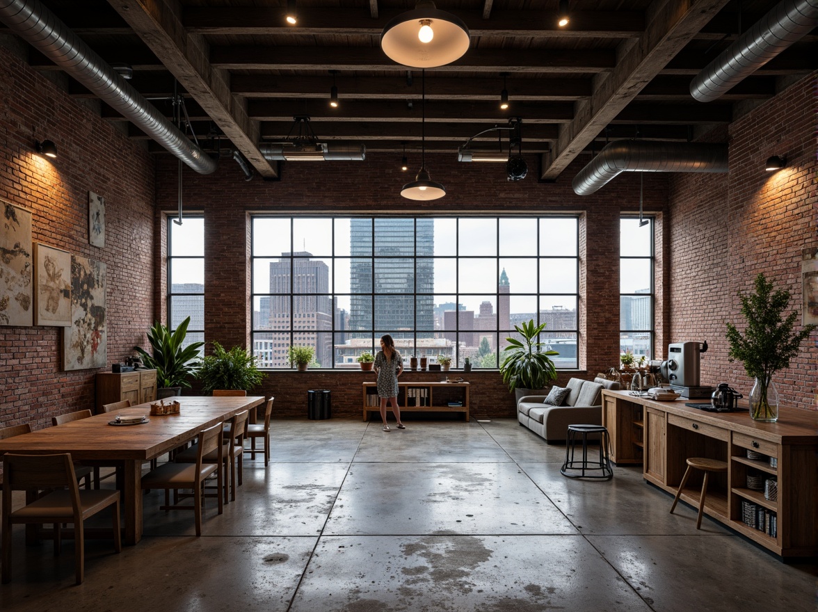 Prompt: Rustic industrial landscape, exposed brick walls, metal beams, concrete floors, reclaimed wood accents, industrial lighting fixtures, minimalist decor, functional machinery, urban cityscape, overcast sky, dramatic shadows, high contrast ratio, 1/2 composition, shallow depth of field, realistic textures, ambient occlusion, metallic reflections, distressed finishes.