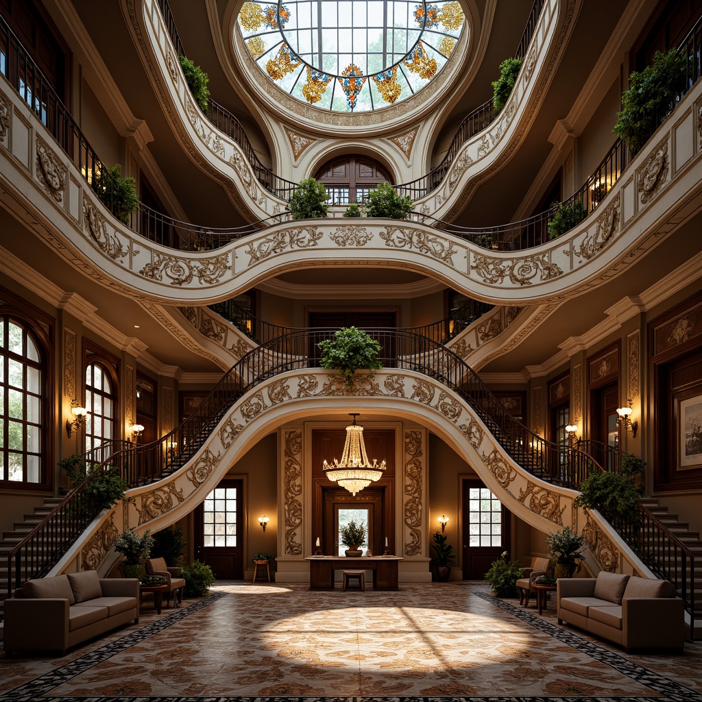 Prompt: Intricate ornate details, flowing organic lines, curved sinuous shapes, luxurious materials, rich textures, vibrant colors, stained glass windows, wrought iron railings, grand entranceways, sweeping arches, ornate facades, decorative balconies, intricate moldings, carved wooden doors, majestic staircases, lavish chandeliers, soft warm lighting, dramatic shadows, high contrast ratios, shallow depth of field, 2/3 composition, cinematic angle shots.