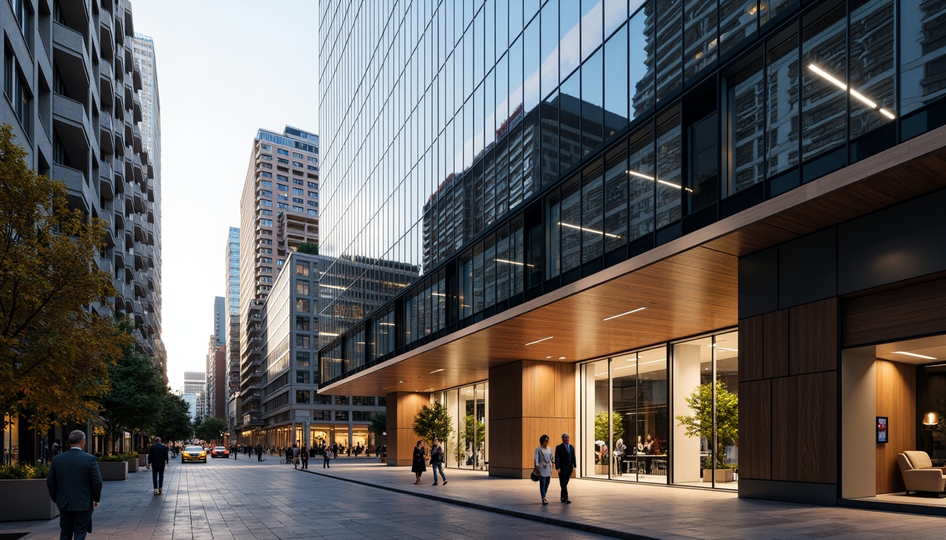 Prompt: Modern bank building, sleek glass facade, metallic accents, angular lines, minimalist design, international style architecture, urban cityscape, busy streets, skyscrapers, financial district, morning sunlight, soft warm lighting, shallow depth of field, 3/4 composition, panoramic view, realistic textures, ambient occlusion, polished marble floors, dark wood paneling, luxurious furnishings, sophisticated atmosphere, advanced security systems, high-tech digital displays.