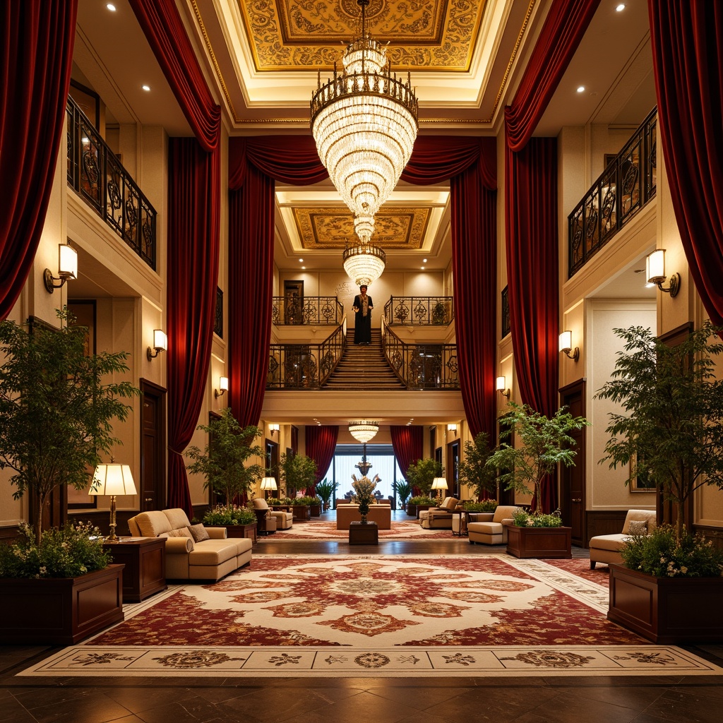 Prompt: Luxurious hotel lobby, opulent chandelier, rich velvet drapes, intricately patterned marble floors, ornate gold leaf details, lavish furnishings, plush carpets, majestic staircase, grandiose ceiling decorations, dramatic lighting fixtures, warm golden color palette, rich wood accents, lavish upholstery, Baroque-inspired motifs, intricate moldings, gilded frames, regal ambiance, sophisticated elegance, 3/4 composition, shallow depth of field, warm soft focus.