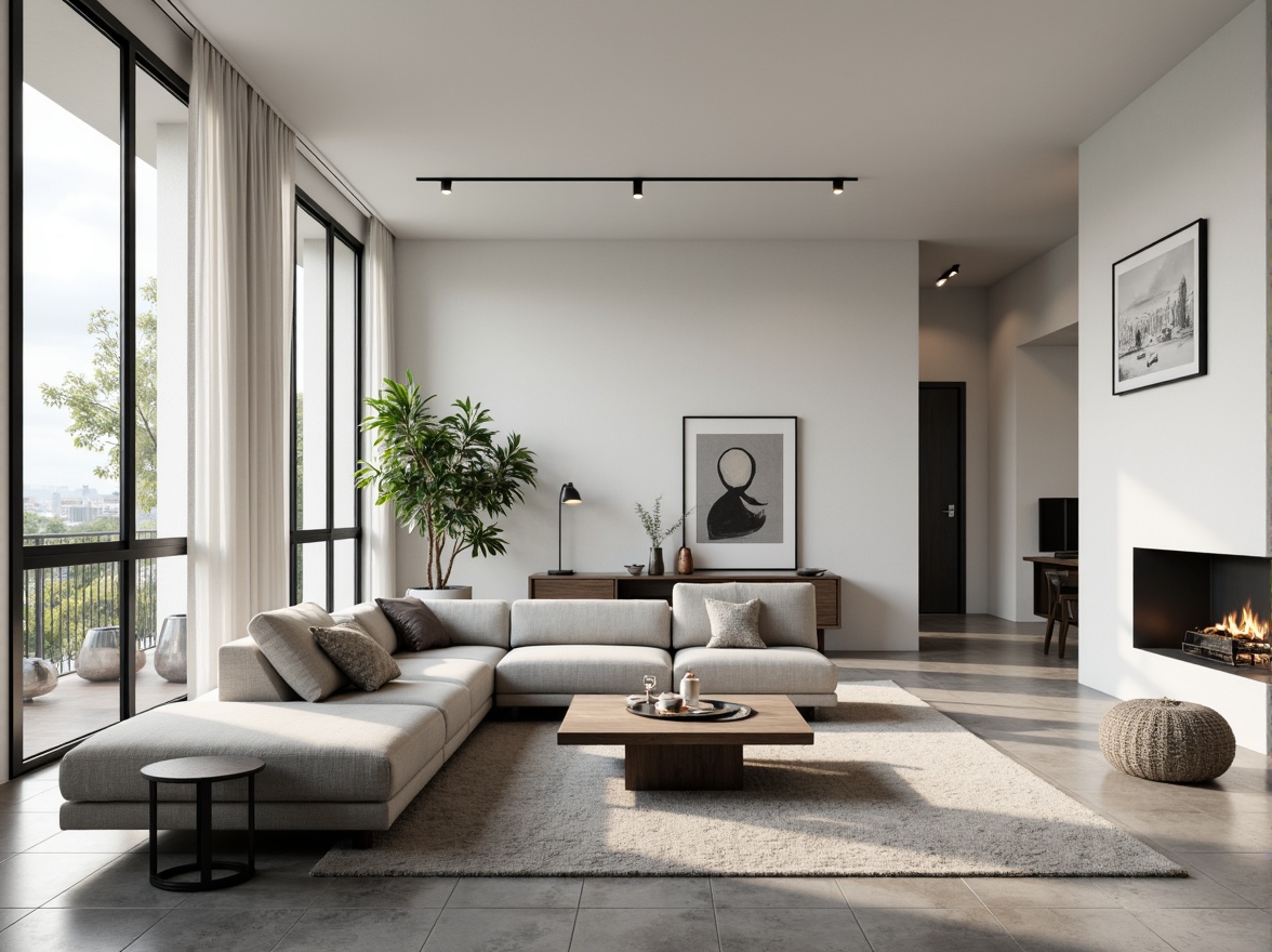 Prompt: Minimalist living room, monochromatic color scheme, sleek low-profile furniture, polished concrete floors, floor-to-ceiling windows, natural light, subtle textures, industrial chic accents, geometric patterns, abstract art pieces, potted greenery, ambient soft lighting, shallow depth of field, 1/1 composition, realistic reflections, warm atmosphere, cozy throw blankets.