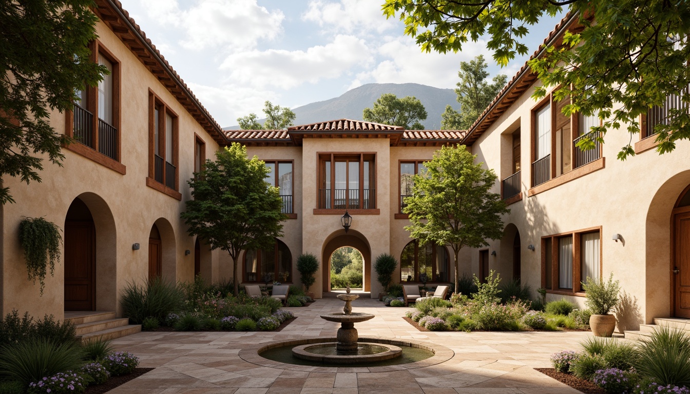 Prompt: Serene monastery courtyard, rustic stone walls, weathered wood accents, warm earthy tones, soft beige stucco, terracotta roofs, ornate ironwork details, tranquil water features, lush greenery, vibrant flowers, subtle golden lighting, warm afternoon sun, shallow depth of field, 2/3 composition, intimate atmospheric perspective, realistic textures, ambient occlusion.