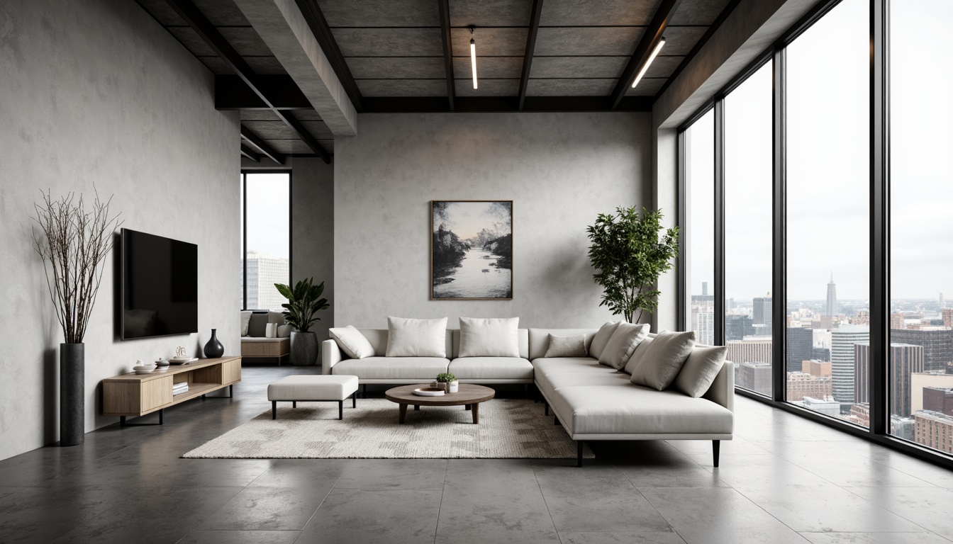 Prompt: Minimalist living room, sleek low-profile furniture, polished concrete floors, industrial metal beams, floor-to-ceiling windows, abundant natural light, urban cityscape views, monochromatic color scheme, geometric patterned rugs, Scandinavian-inspired decor, functional storage solutions, hidden LED lighting, abstract modern artwork, 1/1 composition, high-contrast rendering, realistic material textures, subtle ambient occlusion.