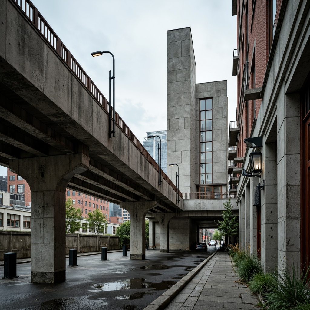 Prompt: Rugged pedestrian bridge, exposed concrete columns, brutalist architecture, weathered steel beams, industrial textures, rough-hewn stone walls, dramatic cantilevered sections, angular modernist lines, functional minimalist design, poured-in-place concrete decks, rusted metal railings, urban cityscape backdrop, overcast cloudy day, high-contrast dramatic lighting, deep depth of field, 2/3 composition, cinematic atmosphere, gritty realistic textures.