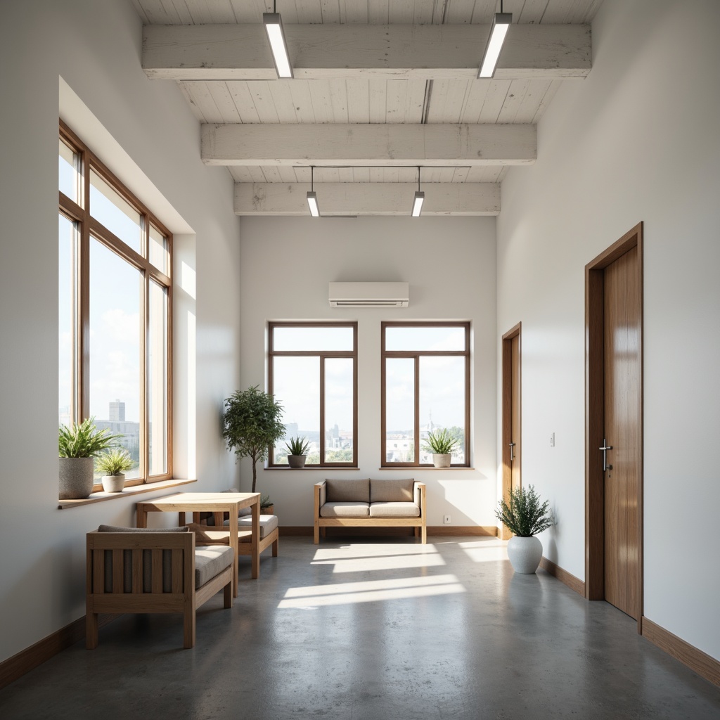 Prompt: Simple dormitory building, white walls, minimal ornamentation, clean lines, rectangular windows, horizontal shading devices, industrial-style lighting, concrete floors, wooden furniture, subtle textures, soft natural light, shallow depth of field, 1/1 composition, realistic render, ambient occlusion, cozy atmosphere, intimate scale, functional layout.