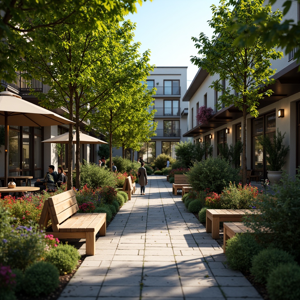 Prompt: Inviting coffee shop patio, lush greenery, vibrant flowers, rustic wooden benches, decorative planters, natural stone pathways, modern outdoor lighting, warm lanterns, cozy seating areas, soft music, aromatic coffee scents, sunny day, shallow depth of field, 3/4 composition, panoramic view, realistic textures, ambient occlusion.