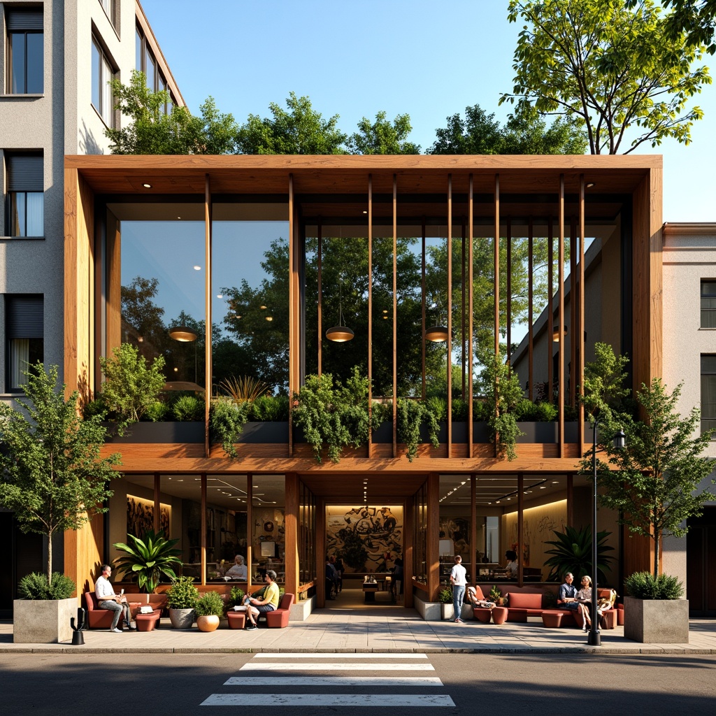 Prompt: Vibrant coffee shop facade, modern angular lines, large glass windows, wooden accents, natural stone cladding, metal frame structures, green walls, living plants, urban cityscape, bustling streets, morning sunlight, warm golden lighting, shallow depth of field, 3/4 composition, panoramic view, realistic textures, ambient occlusion, inviting entranceways, cozy outdoor seating, industrial-chic decor, reclaimed wood furniture, copper accents, artistic murals, eclectic color schemes.