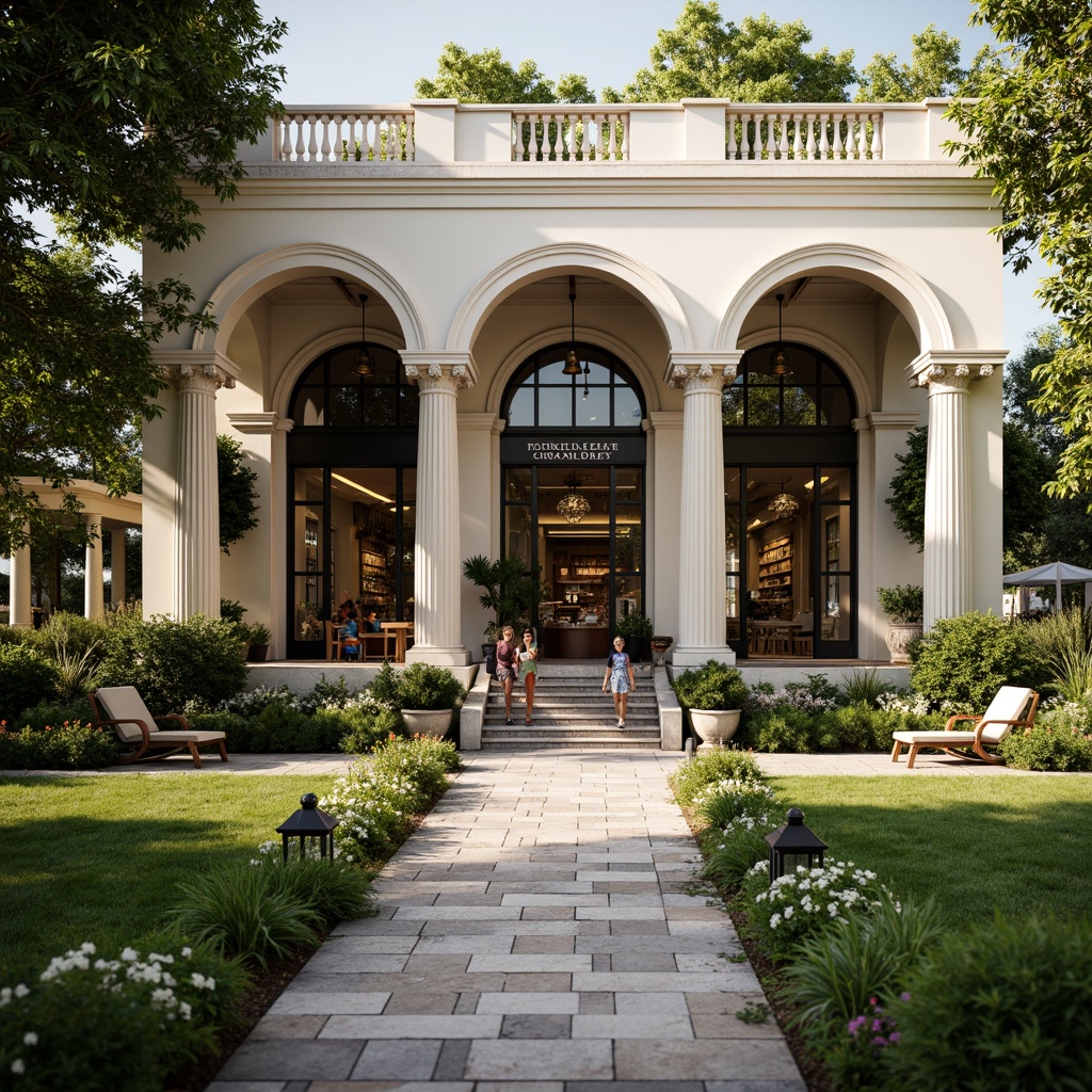 Prompt: Elegant neoclassical grocery store, grand entrance archways, ornate columns, symmetrical fa\u00e7ade, lush greenery, flowering urns, manicured lawns, walking paths, outdoor seating areas, rustic stone pavers, classic lamp posts, soft warm lighting, 1/1 composition, shallow depth of field, realistic textures, ambient occlusion.