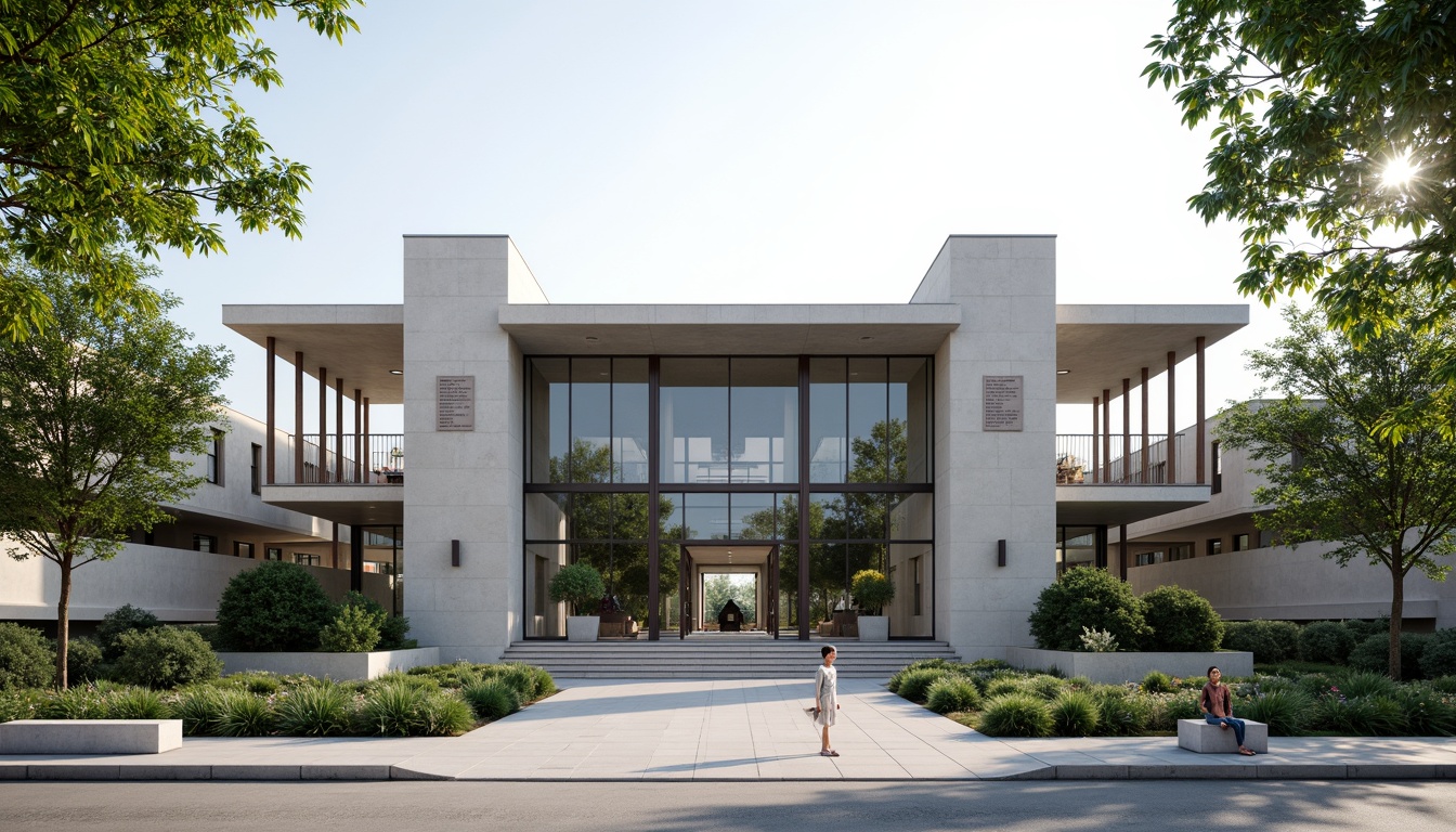 Prompt: Memorial center facade, asymmetrical composition, rectangular forms, clean lines, minimal ornamentation, functional simplicity, industrial materials, exposed concrete, steel frames, large glass surfaces, cantilevered roofs, bold color blocks, geometric patterns, abstract sculptures, lush greenery, memorial plaques, solemn ambiance, soft natural lighting, subtle shadows, 1/1 composition, symmetrical framing, high contrast colors, dramatic focal points.