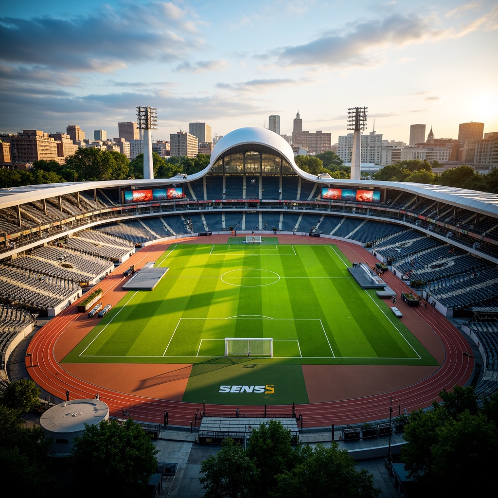 Prompt: Lush green football pitch, tiered seating, vibrant stadium lights, athletic tracks, goalposts, scoreboards, spectator stands, concession booths, modern architecture, curved lines, dynamic shapes, cantilevered roofs, open-air design, natural ventilation, panoramic views, realistic textures, ambient occlusion, 3/4 composition, shallow depth of field, warm afternoon lighting, stadium surroundings, urban landscape, city skyline, public transportation access, pedestrian walkways, bike lanes, surrounding green spaces.