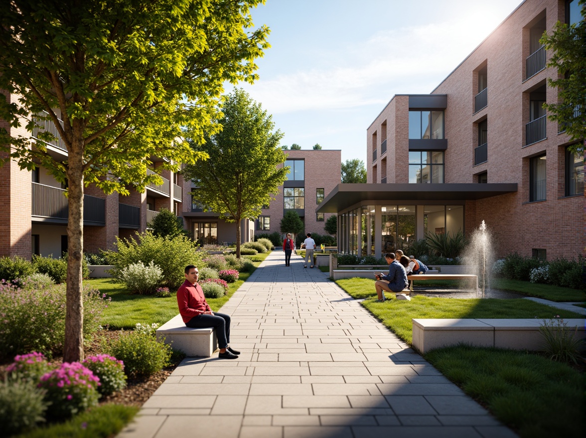 Prompt: Vibrant campus courtyard, fusion architecture style, blended modern-traditional design, rustic stone walls, sleek metal accents, wooden benches, lush greenery, blooming flowers, natural stone pathways, water features, fountain showpieces, ambient lighting, warm afternoon sunlight, shallow depth of field, 3/4 composition, realistic textures, ambient occlusion.