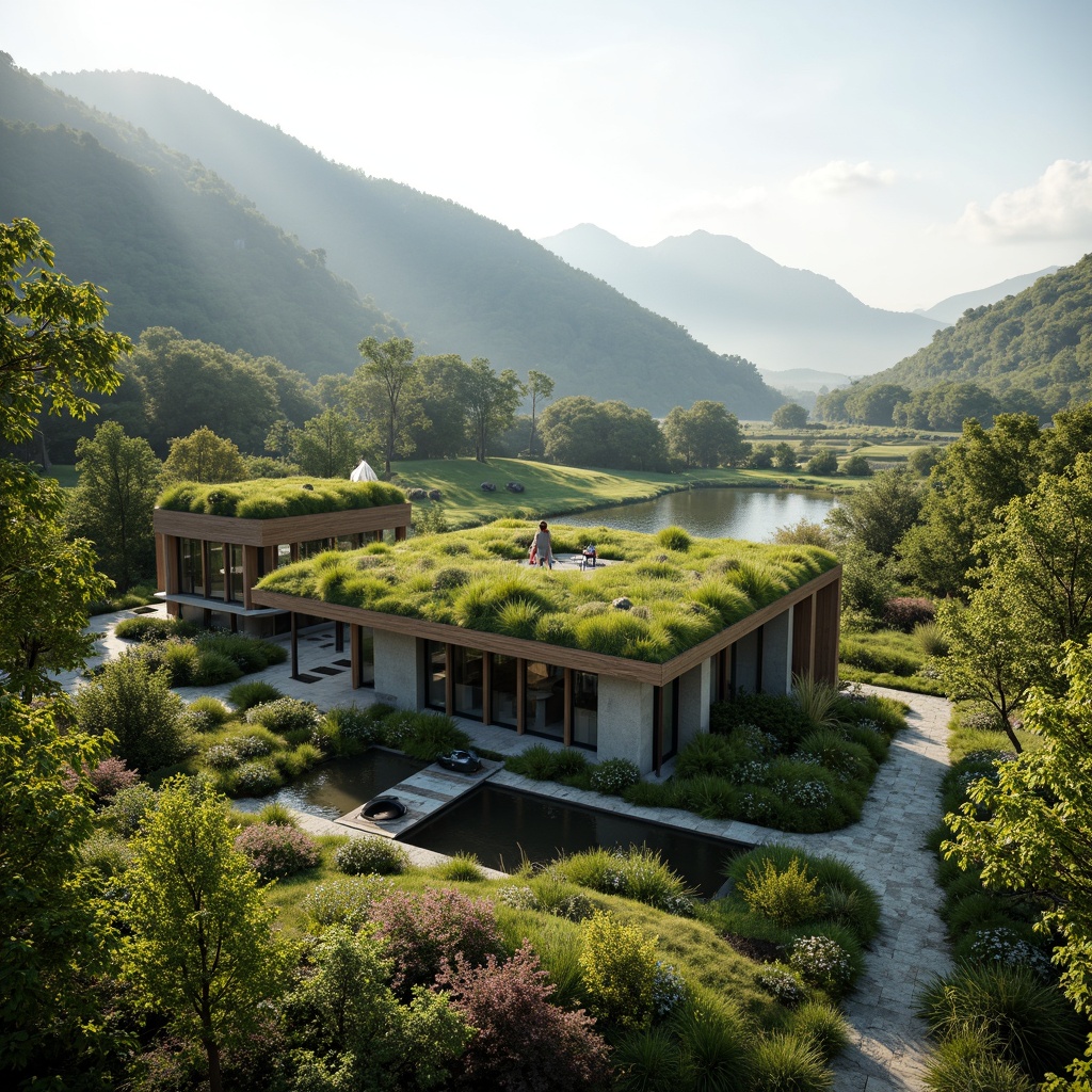 Prompt: Vibrant green roof, lush vegetation, natural stone walls, wooden accents, eco-friendly materials, sustainable energy solutions, solar panels, wind turbines, water conservation systems, modern minimalist architecture, large windows, glass doors, panoramic views, shallow depth of field, 3/4 composition, realistic textures, ambient occlusion, serene landscape, rolling hills, meandering pathways, blooming flowers, tranquil ponds, misty atmosphere, soft warm lighting.