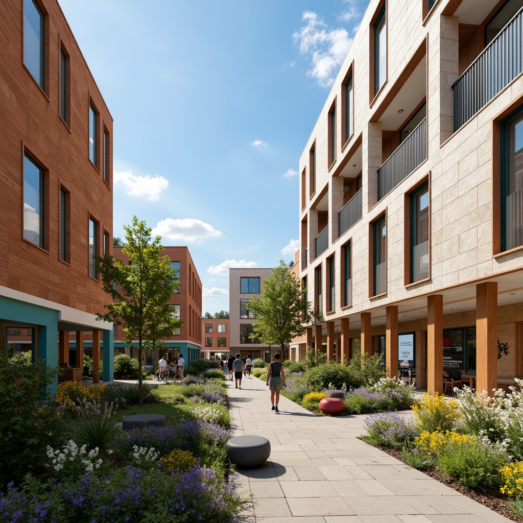 Prompt: Vibrant university campus, fusion of modern and traditional architecture, bold color palette, warm beige stone walls, cool grey metal accents, rich wood tones, bright turquoise highlights, lush greenery, blooming flowers, sunny day, soft warm lighting, shallow depth of field, 3/4 composition, panoramic view, realistic textures, ambient occlusion, educational signage, outdoor furniture, pedestrian walkways, cycling paths, urban landscape, eclectic building facades, dynamic shapes, innovative materials.