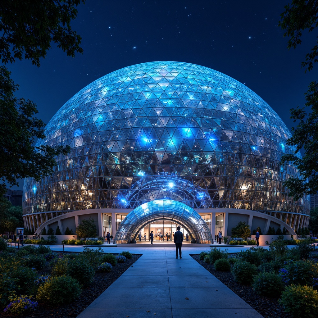 Prompt: Geodesic dome, futuristic planetarium, sleek metal fa\u00e7ade, iridescent glass panels, neon-lit accents, astronomical instruments, starry night sky, ambient blue lighting, shallow depth of field, 1/2 composition, symmetrical architecture, minimalist design, space-inspired aesthetic, metallic materials, LED light installations, kinetic sculptures, gravitational patterns, cosmic textures, high-tech gadgetry, virtual reality experiences, immersive environments, futuristic ambiance.