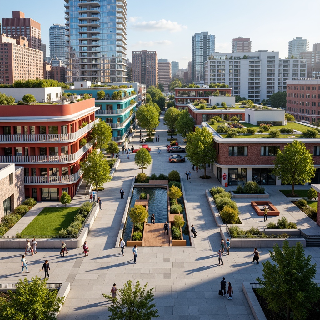 Prompt: Vibrant community center, fusion of modern and traditional architecture, open-air courtyards, lush green roofs, public art installations, eclectic furniture designs, colorful street art, bustling streetscape, urban revitalization, pedestrian-friendly infrastructure, accessible ramps, inclusive play areas, interactive water features, dynamic lighting systems, 1/1 composition, shallow depth of field, realistic textures, ambient occlusion.