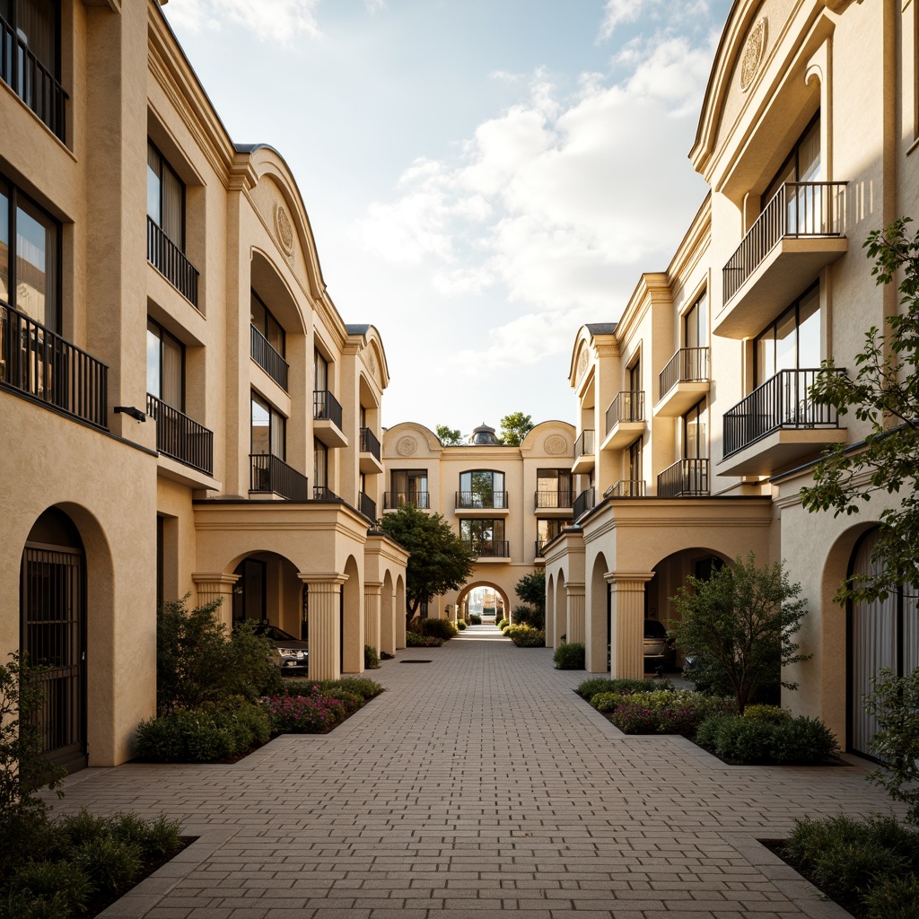 Prompt: Elegant social housing complex, classical architectural style, ornate facades, grand entrance gates, symmetrical compositions, Corinthian columns, arches, domes, rustic stone walls, warm beige tones, cream-colored stucco, ornamental metal railings, Juliet balconies, soft warm lighting, afternoon sun, shallow depth of field, 1/1 composition, realistic textures, ambient occlusion.