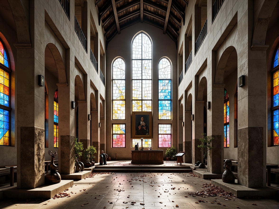 Prompt: Deconstructed church facade, fragmented stone walls, stained glass windows, vibrant color blocking, juxtaposed textures, oxidized metal accents, distressed wood finishes, abstract sculptures, avant-garde architectural elements, dramatic natural light, bold geometric shapes, clashing chromatic contrasts, dissonant harmony, futuristic ambiance, high-contrast photography, cinematic lighting, 3/4 composition, symmetrical framing, moody atmospheric effects.