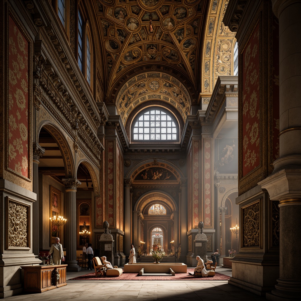 Prompt: Byzantine architecture, ornate arches, intricate carvings, golden mosaics, vaulted ceilings, grand domes, sacred icons, ornamental columns, marble floors, richly textured fabrics, warm candlelight, soft shadows, atmospheric perspective, 1/2 composition, dramatic chiaroscuro, realistic stone textures, ambient lighting.