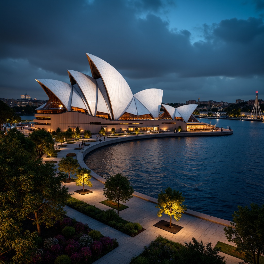 Prompt: Sydney Harbour, iconic opera house, majestic sail-like design, gleaming white tiles, subtle curves, waterfront promenade, vibrant greenery, blooming flowers, scenic pedestrian pathways, atmospheric nighttime lighting, soft misty ambiance, 1/2 composition, medium depth of field, realistic water reflections, ambient occlusion.