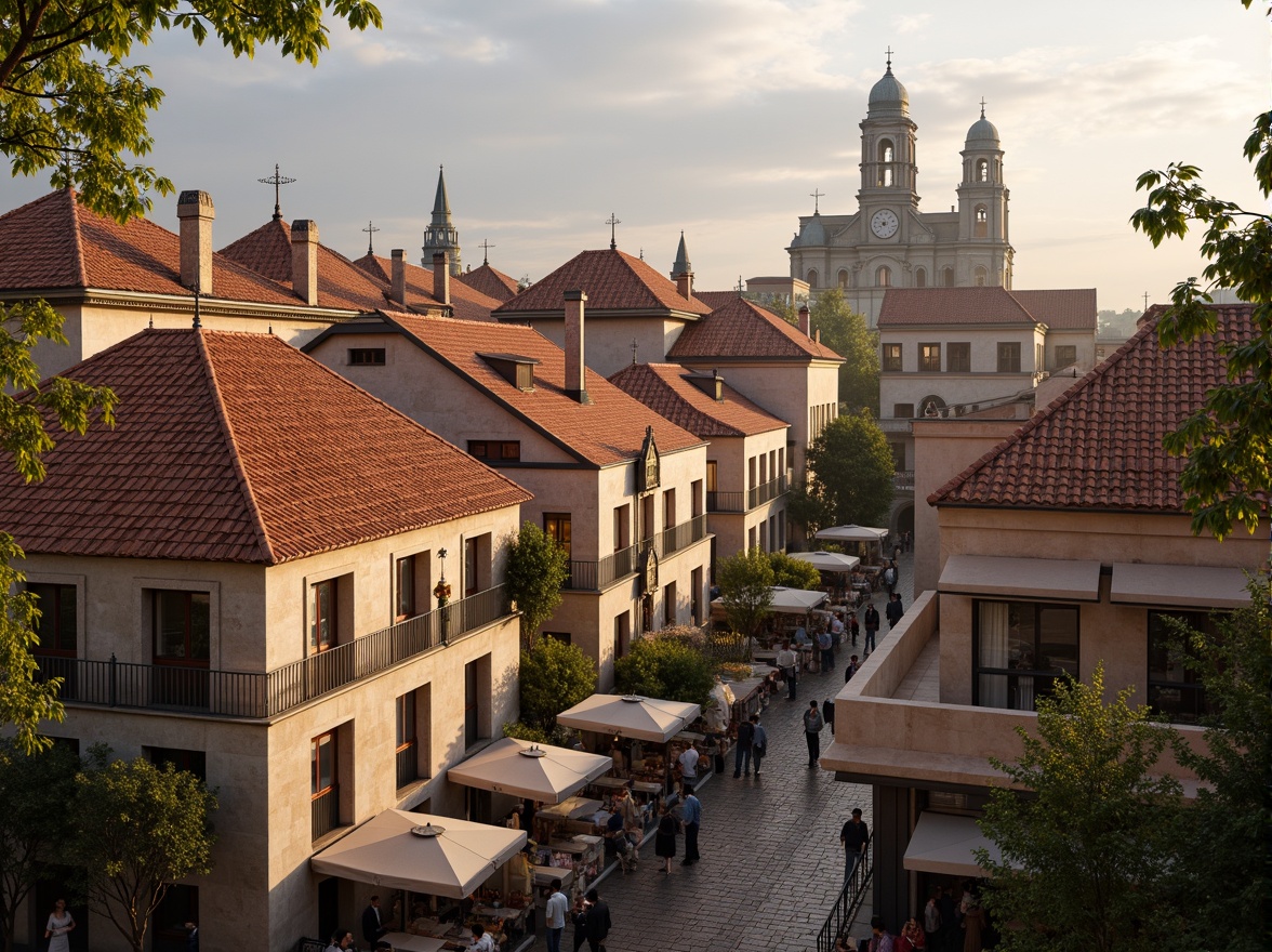 Prompt: Grandiose rooftop, ornate rooflines, majestic clock tower, elegant spires, rustic terracotta tiles, aged stone walls, vibrant market stalls, bustling street activity, lively Renaissance atmosphere, warm golden lighting, dramatic shadows, 1/2 composition, shallow depth of field, realistic textures, ambient occlusion.