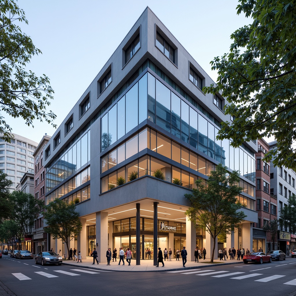 Prompt: Modern commercial building, sleek glass fa\u00e7ade, neutral color palette, warm beige tones, cool gray accents, vibrant blue highlights, polished metal trim, contemporary signage, urban cityscape, bustling streets, natural stone sidewalks, busy pedestrian traffic, shallow depth of field, 1/1 composition, realistic reflections, ambient occlusion.