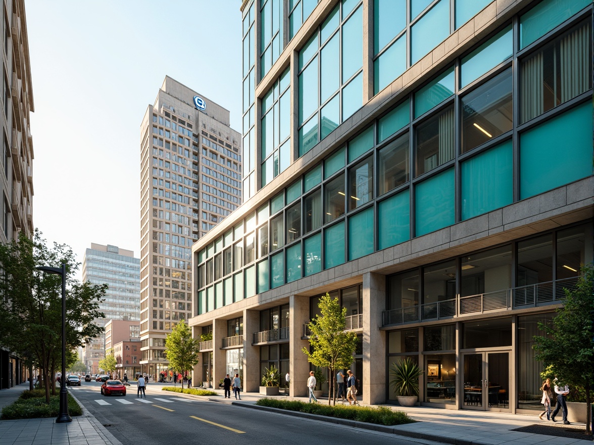 Prompt: Modern commercial building, sleek glass facade, metallic accents, neutral beige walls, vibrant turquoise highlights, polished chrome fixtures, professional corporate atmosphere, urban cityscape, bustling streets, morning sunlight, soft warm glow, shallow depth of field, 3/4 composition, realistic textures, ambient occlusion.