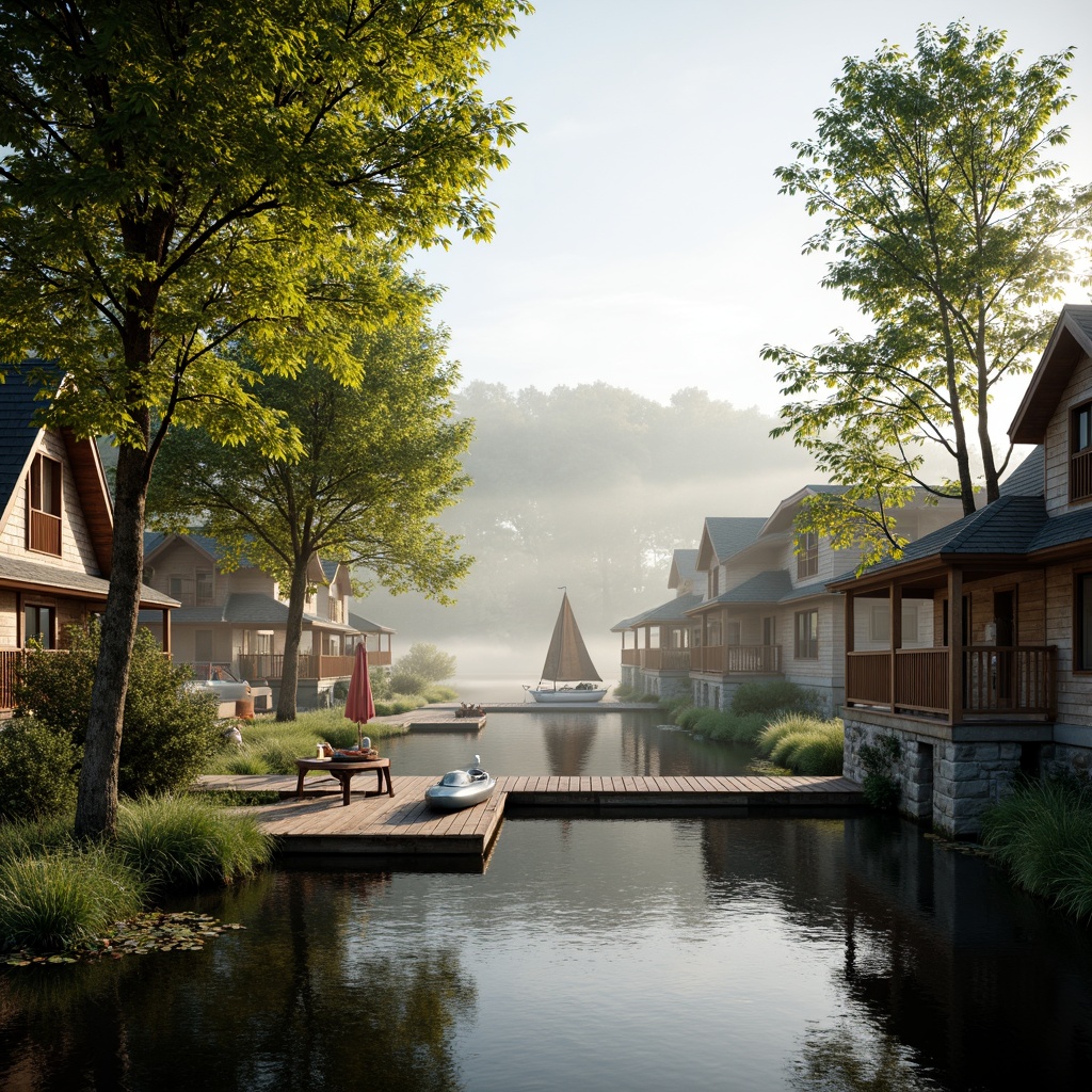 Prompt: Waterfront scenery, serene lake views, wooden dock, sailboats, kayaks, rustic boathouse architecture, natural stone foundations, wooden accents, green roofs, lush vegetation, overhanging trees, misty morning, soft warm lighting, shallow depth of field, 3/4 composition, panoramic view, realistic textures, ambient occlusion.