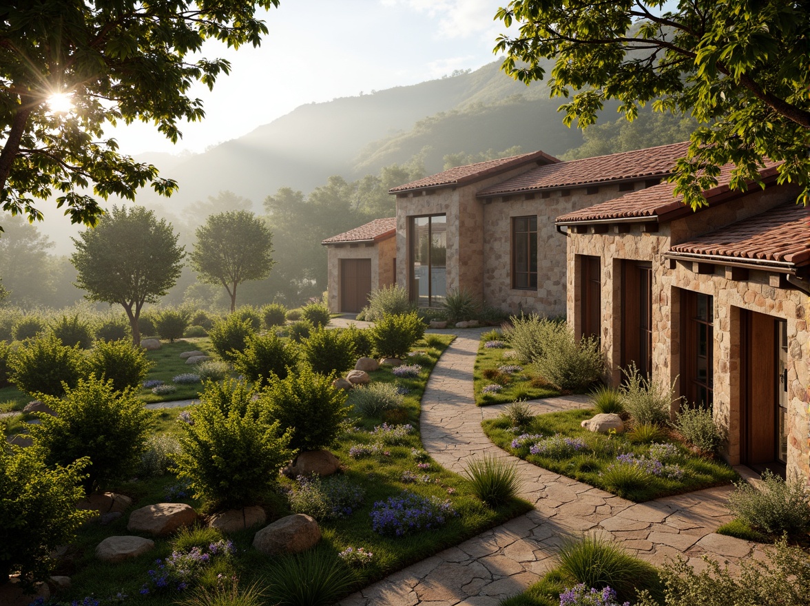 Prompt: Rustic winery, lush vineyards, earthy tones, weathered wood accents, natural stone walls, terracotta roofs, verdant greenery, misty mornings, soft warm lighting, shallow depth of field, 3/4 composition, panoramic view, realistic textures, ambient occlusion, earthy reds, muted greens, weathered copper, creamy whites, rich browns.