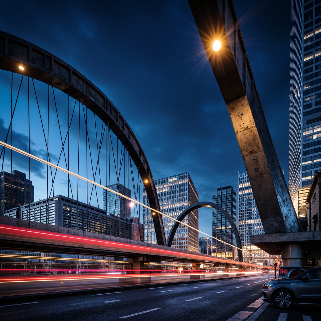 Prompt: Futuristic vehicular bridge, sleek metal arches, cable-stayed suspension, gleaming steel beams, reinforced concrete piers, modern urban skyline, bustling city traffic, vibrant neon lights, dynamic motion blur, shallow depth of field, 1/2 composition, dramatic low-angle shot, realistic metallic textures, ambient occlusion.