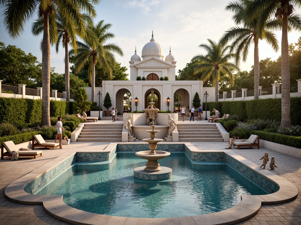 Prompt: Elegant fountain, cascading waterfalls, ornate statues, symmetrical pool shape, curved steps, mosaic tile flooring, white marble columns, grand archways, lush greenery, palm trees, topiary plants, natural stone coping, wrought iron fencing, vintage lamp posts, warm golden lighting, shallow depth of field, 1/2 composition, serene atmosphere, realistic water effects, ambient occlusion.